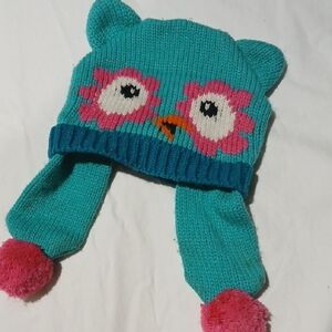 Teal Owl Knit Hat with Pink Accents